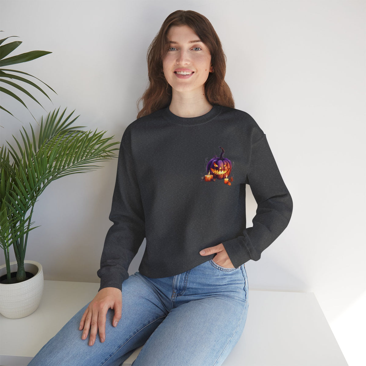ORVIAN — Watercolor Haunted Castle Halloween Crewneck, Purple Jack-o'-Lantern Unisex Heavy Blend