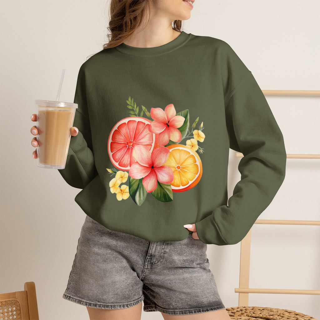 ORVIAN — Tropical Citrus & Pink Floral Crewneck, Grapefruit Orange Watercolor Unisex Heavy Blend