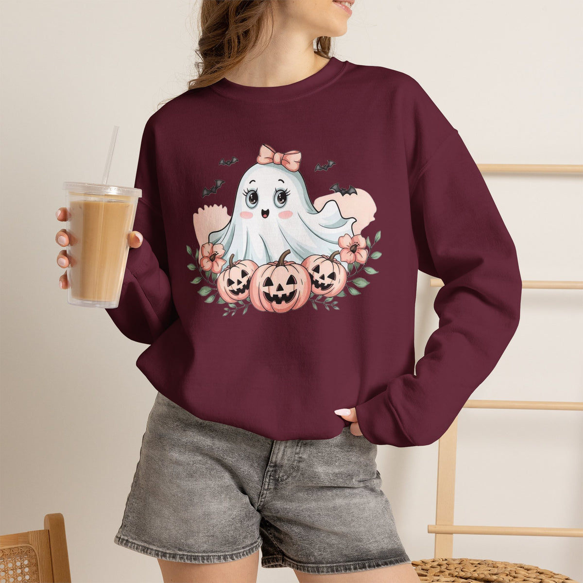 ORVIAN — Pink Halloween Coquette Ghost Crewneck, Bow & Pumpkin Unisex Heavy Blend