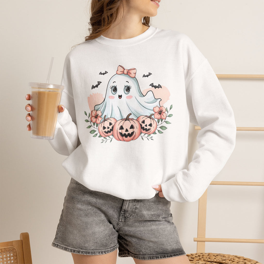 ORVIAN — Pink Halloween Coquette Ghost Crewneck, Bow & Pumpkin Unisex Heavy Blend