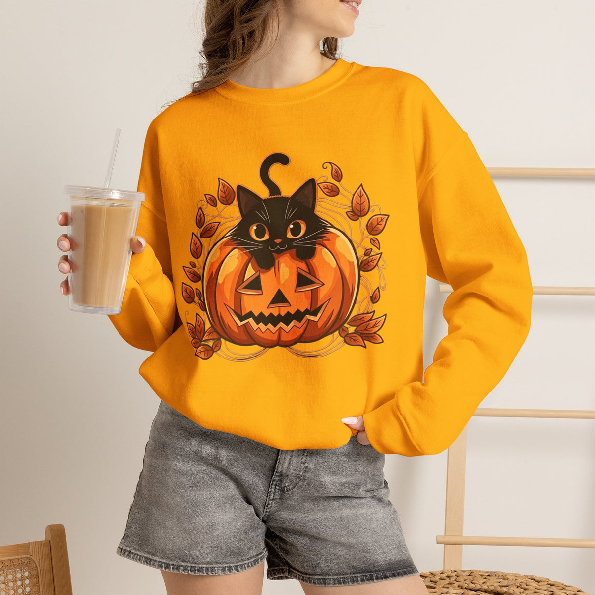 ORVIAN — Black Cat & Pumpkin Halloween Crewneck, Ghost & Coquette Bow Unisex Heavy Blend