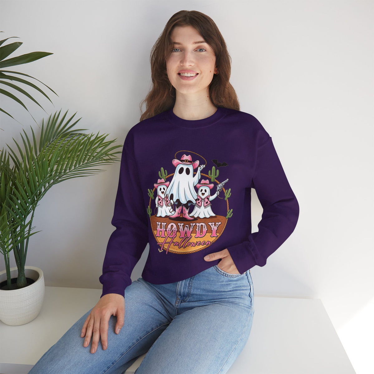 ORVIAN — Howdy Halloween Ghost Cowboy Crewneck, Pink Cowboo Western Unisex Heavy Blend