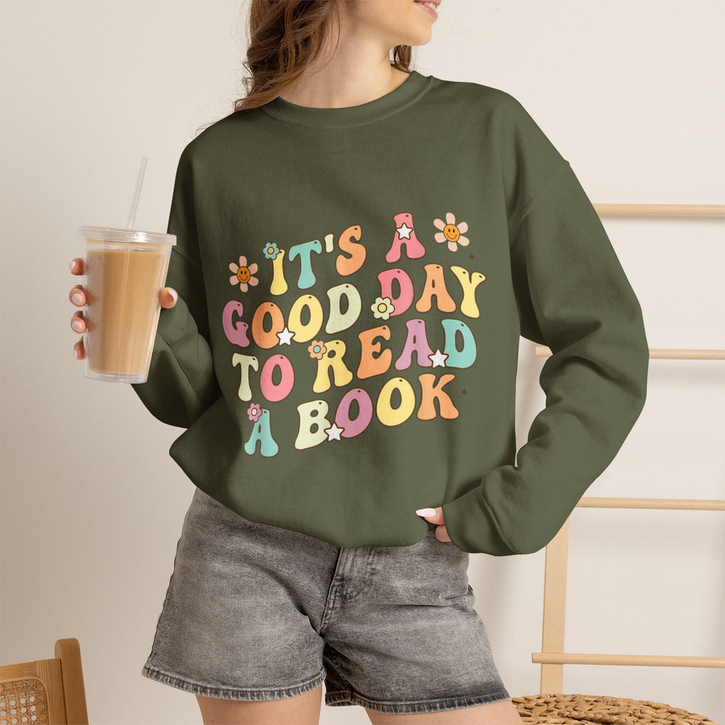 ORVIAN — Good Day to Read a Book Crewneck, Retro Floral Book Lover Sweatshirt Unisex Heavy Blend