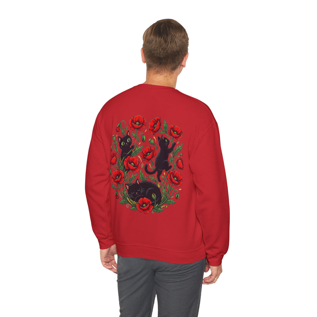 ORVIAN — Black Cat & Red Poppies Floral Crewneck, Elegant Nature Unisex Heavy Blend
