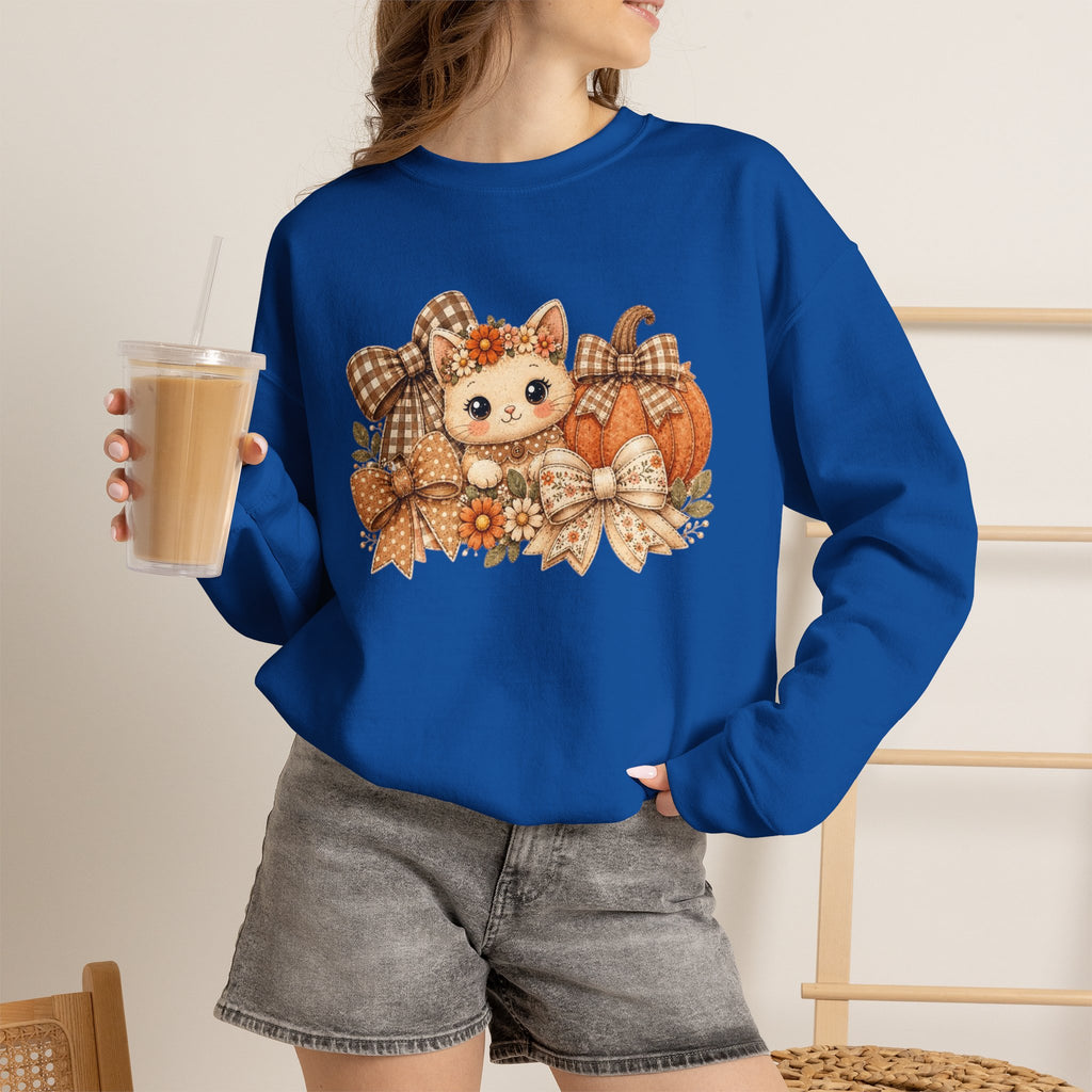 ORVIAN — Fall Kitten & Coquette Ghost Crewneck, Gingham Pumpkin Autumn Unisex Heavy Blend