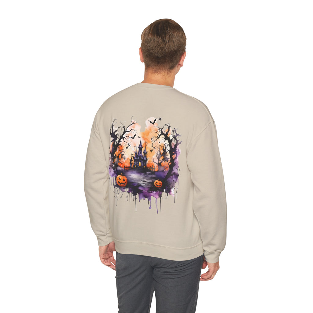 ORVIAN — Watercolor Haunted Castle Halloween Crewneck, Purple Jack-o'-Lantern Unisex Heavy Blend