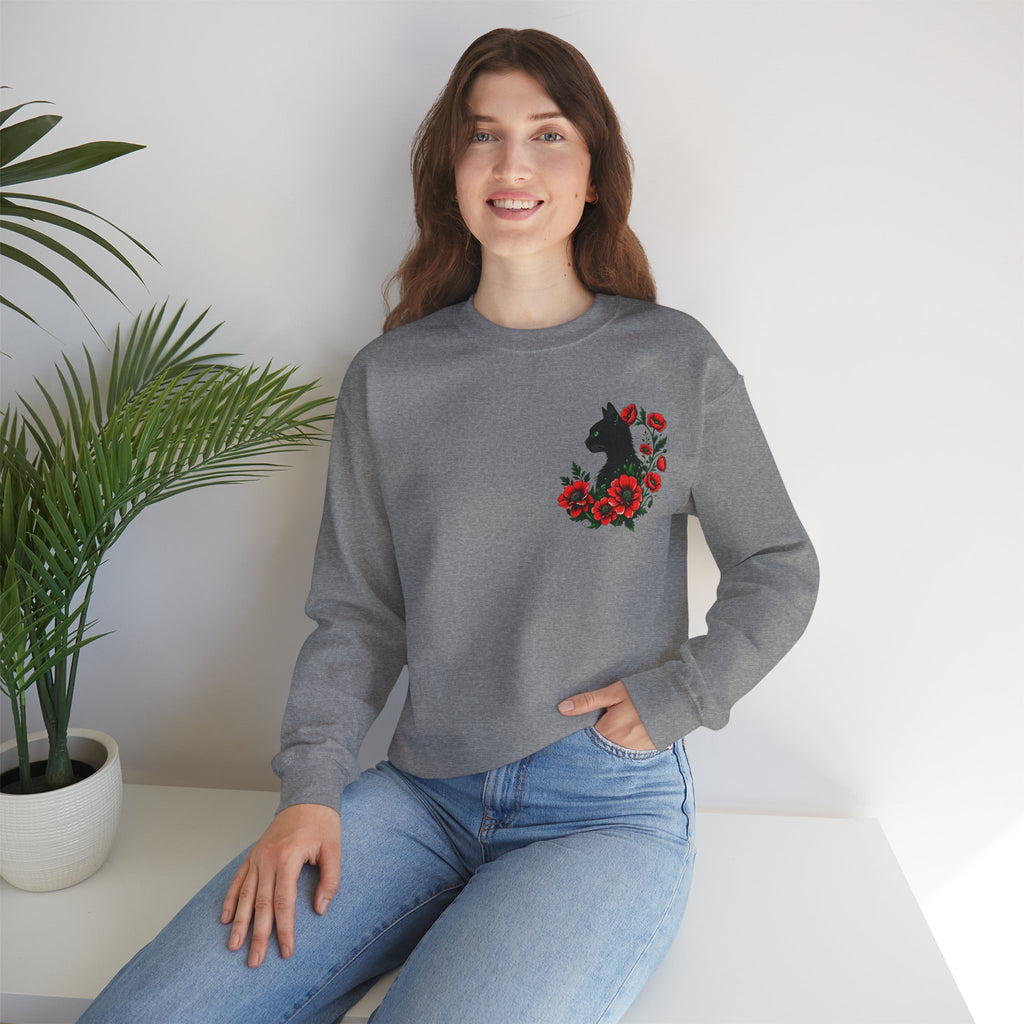 ORVIAN — Black Cat & Red Poppies Floral Crewneck, Elegant Nature Unisex Heavy Blend