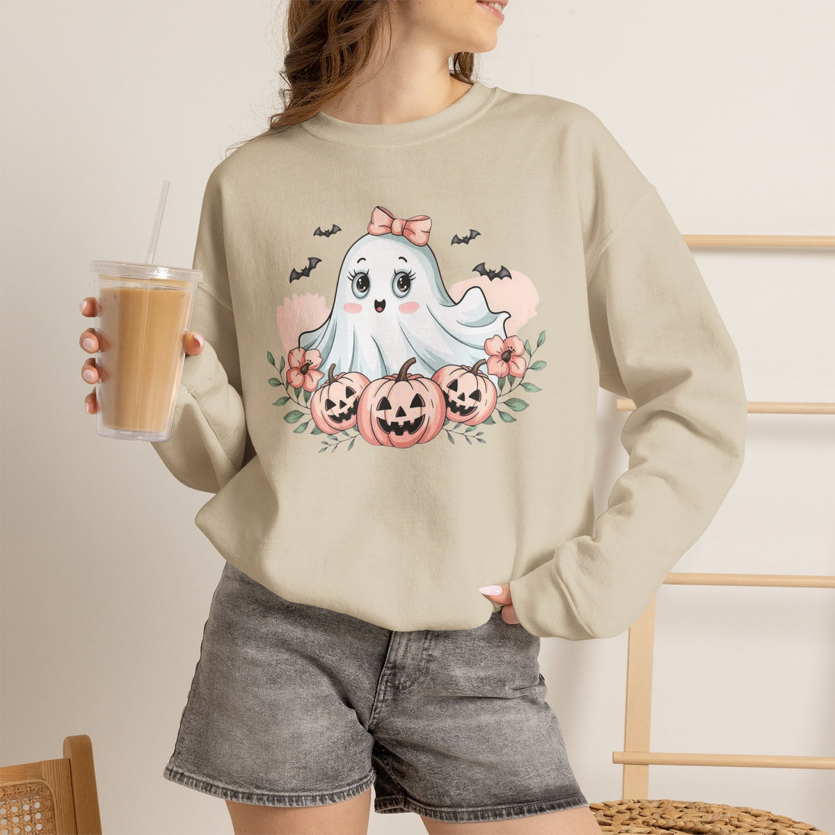 ORVIAN — Pink Halloween Coquette Ghost Crewneck, Bow & Pumpkin Unisex Heavy Blend
