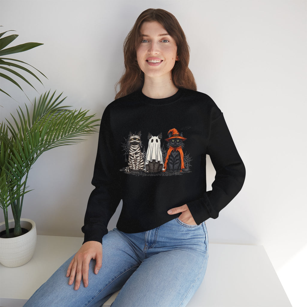 ORVIAN — Halloween Cats & Ghosts Crewneck, Spooky Cute Black Cat Unisex Sweatshirt