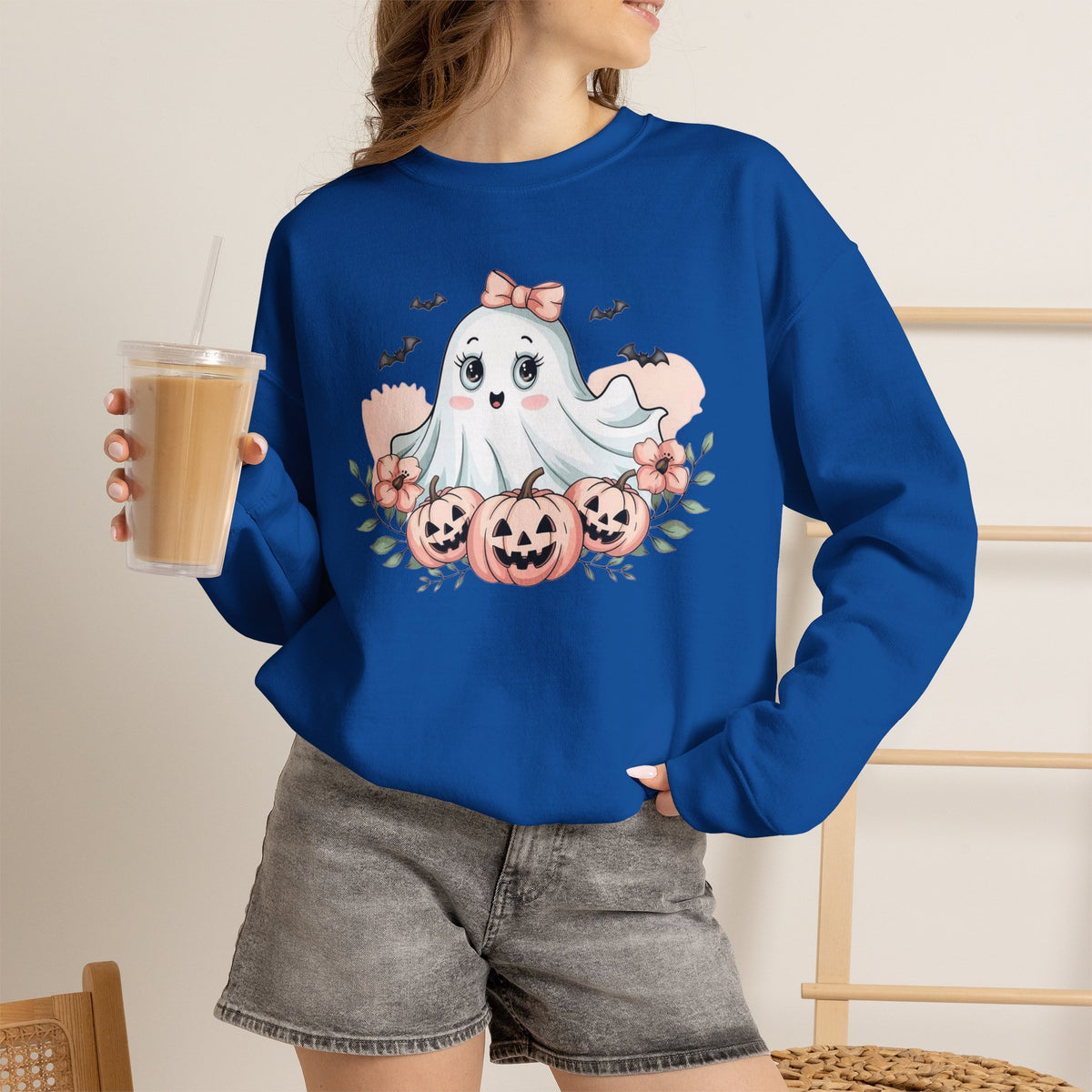 ORVIAN — Pink Halloween Coquette Ghost Crewneck, Bow & Pumpkin Unisex Heavy Blend