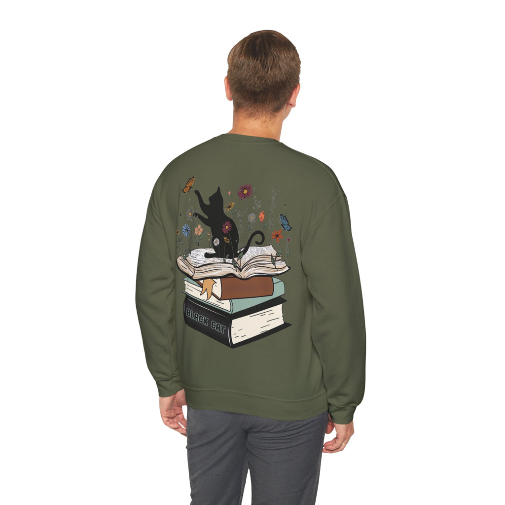 ORVIAN — Life Is Better With Flowers, Cats & Books Crewneck, Black Cat Book Stack Unisex