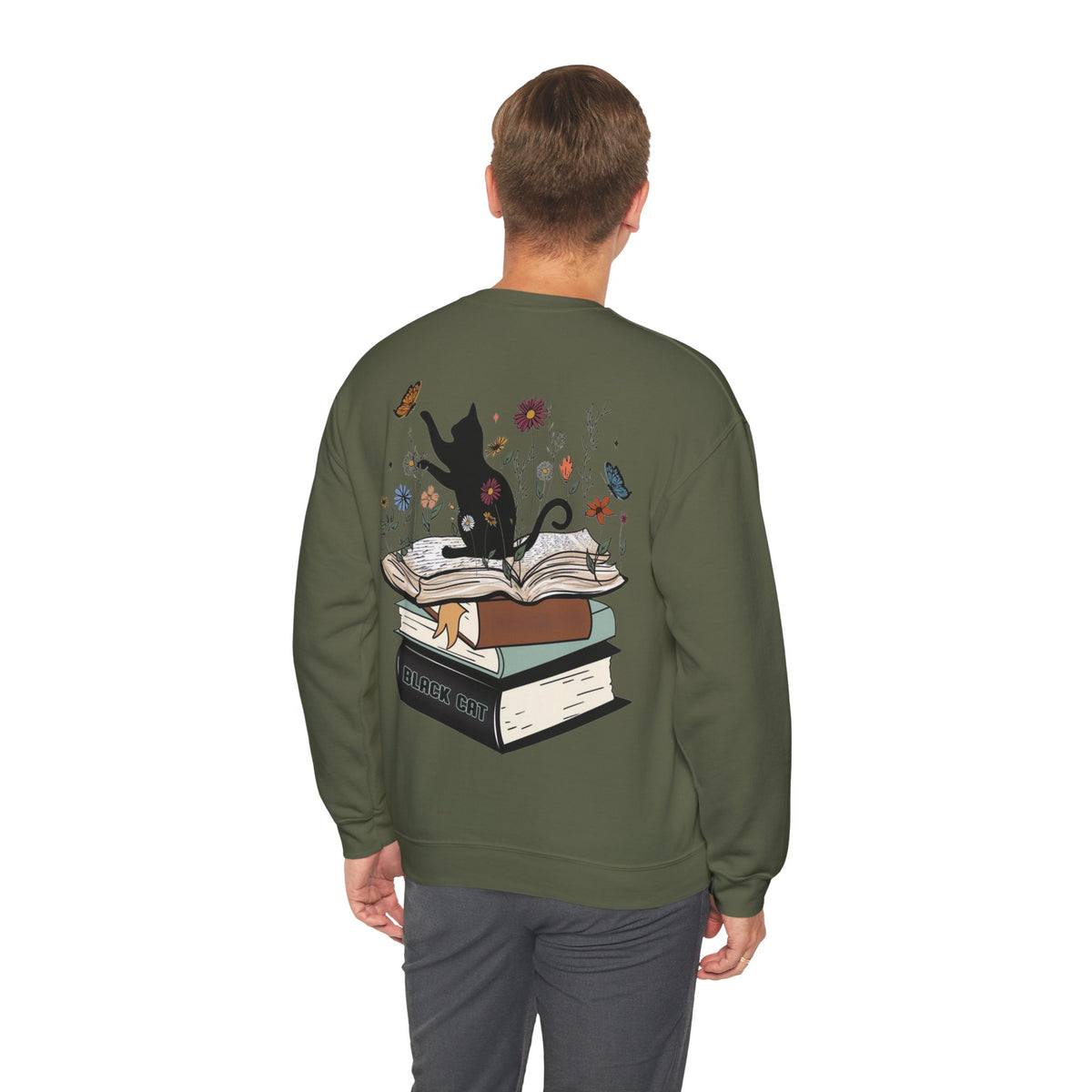 ORVIAN — Life Is Better With Flowers, Cats & Books Crewneck, Black Cat Book Stack Unisex