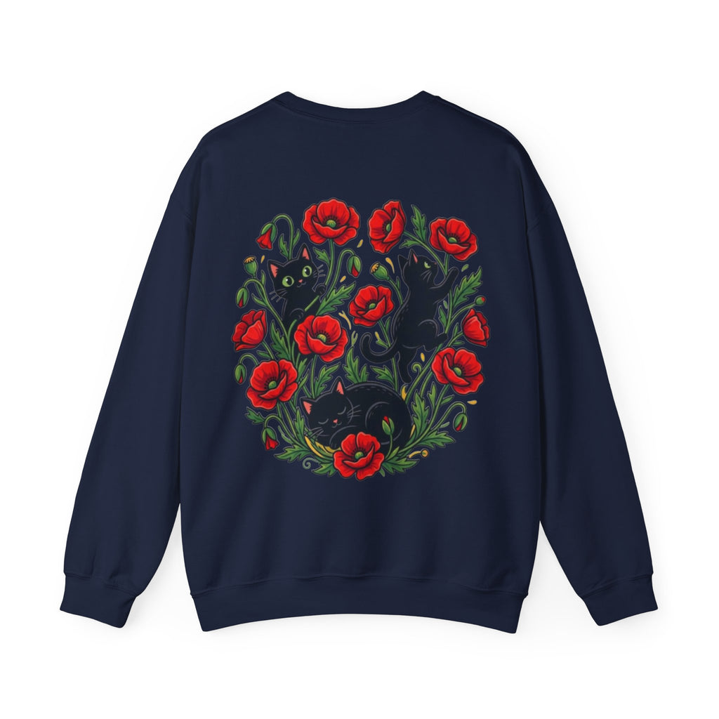 ORVIAN — Black Cat & Red Poppies Floral Crewneck, Elegant Nature Unisex Heavy Blend