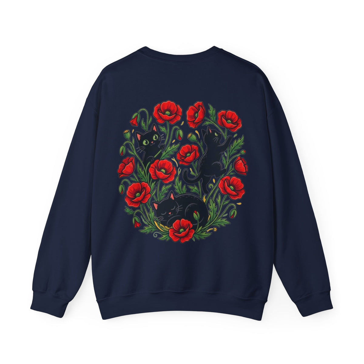 ORVIAN — Black Cat & Red Poppies Floral Crewneck, Elegant Nature Unisex Heavy Blend