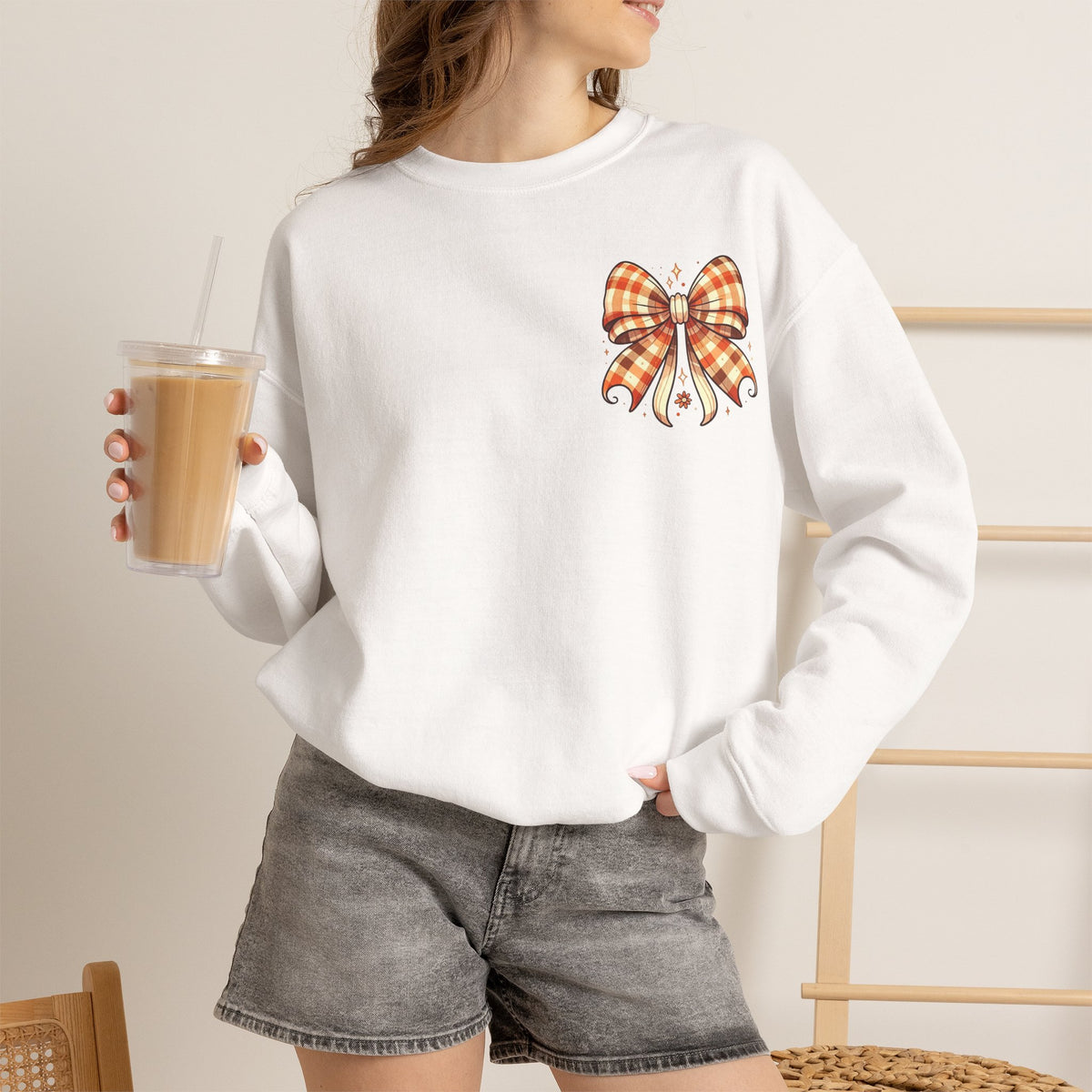 ORVIAN — Ghostly Coffee Break Coquette Bow Crewneck, Cozy Pumpkin Spice Halloween Unisex