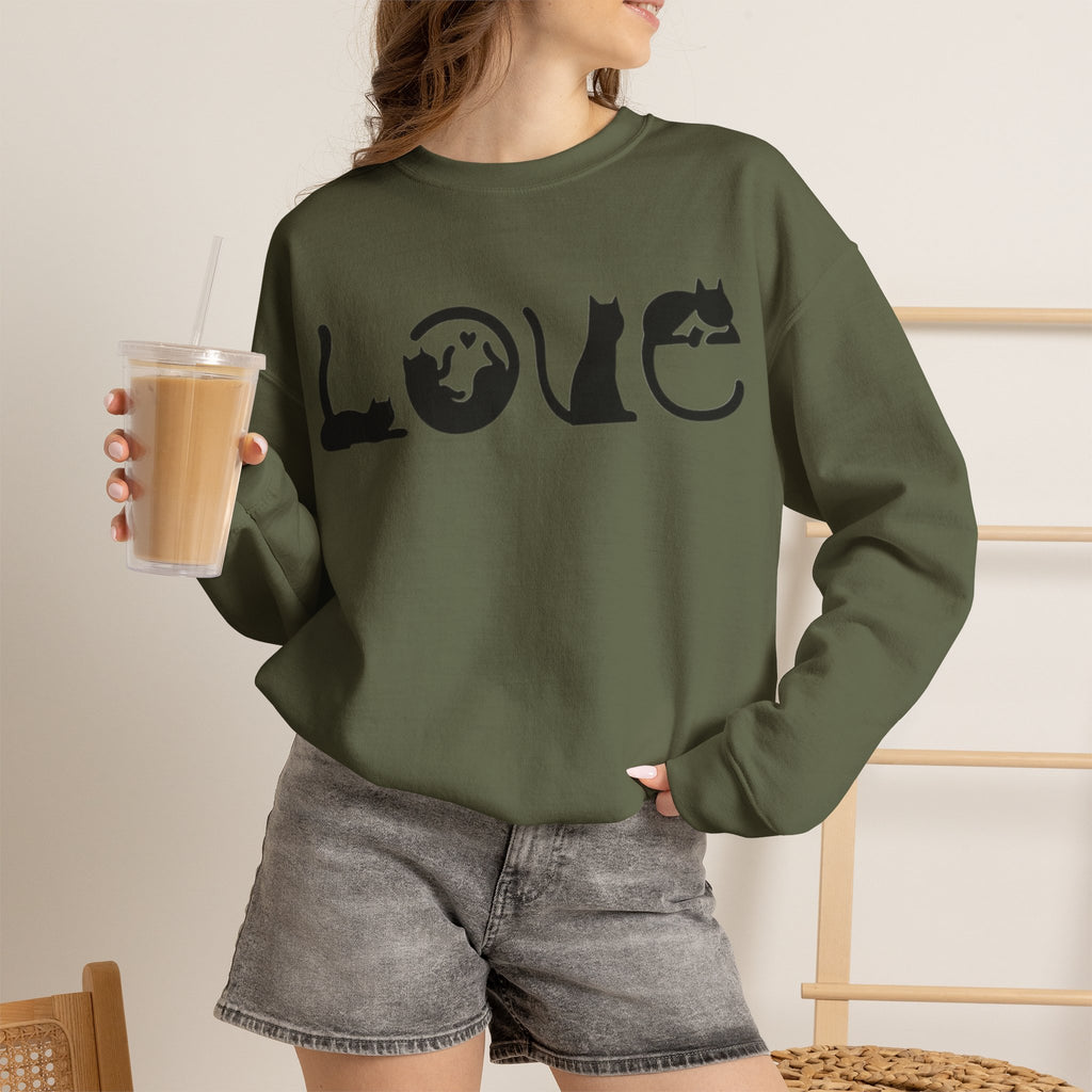 ORVIAN — LOVE Cat Silhouette & Heart-Shaped Cats Crewneck, Cat Lover Unisex Heavy Blend