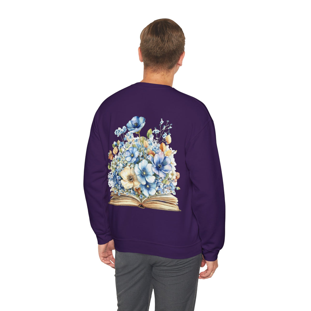 ORVIAN — Blue Watercolor Floral Book Crewneck, Open Book Wildflower Literary Unisex Heavy Blend
