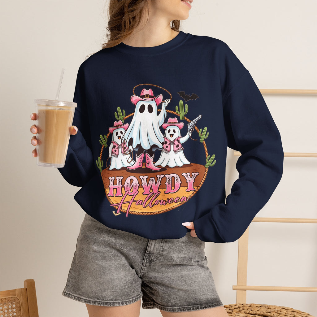 ORVIAN — Howdy Halloween Ghost Cowboy Crewneck, Pink Cowboo Western Unisex Heavy Blend