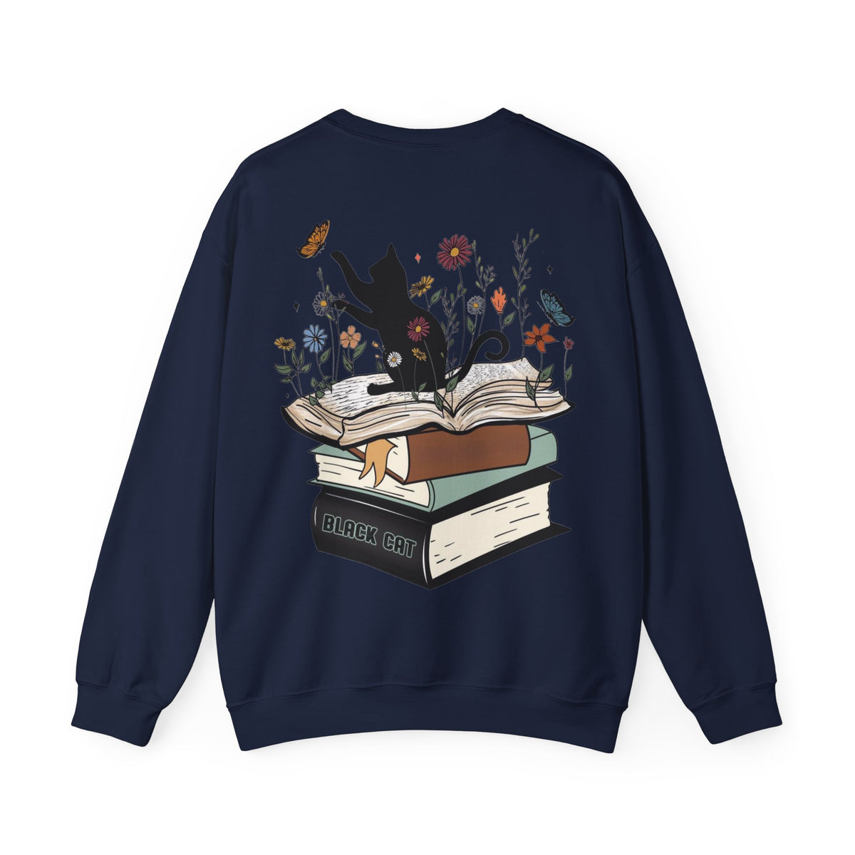 ORVIAN — Life Is Better With Flowers, Cats & Books Crewneck, Black Cat Book Stack Unisex