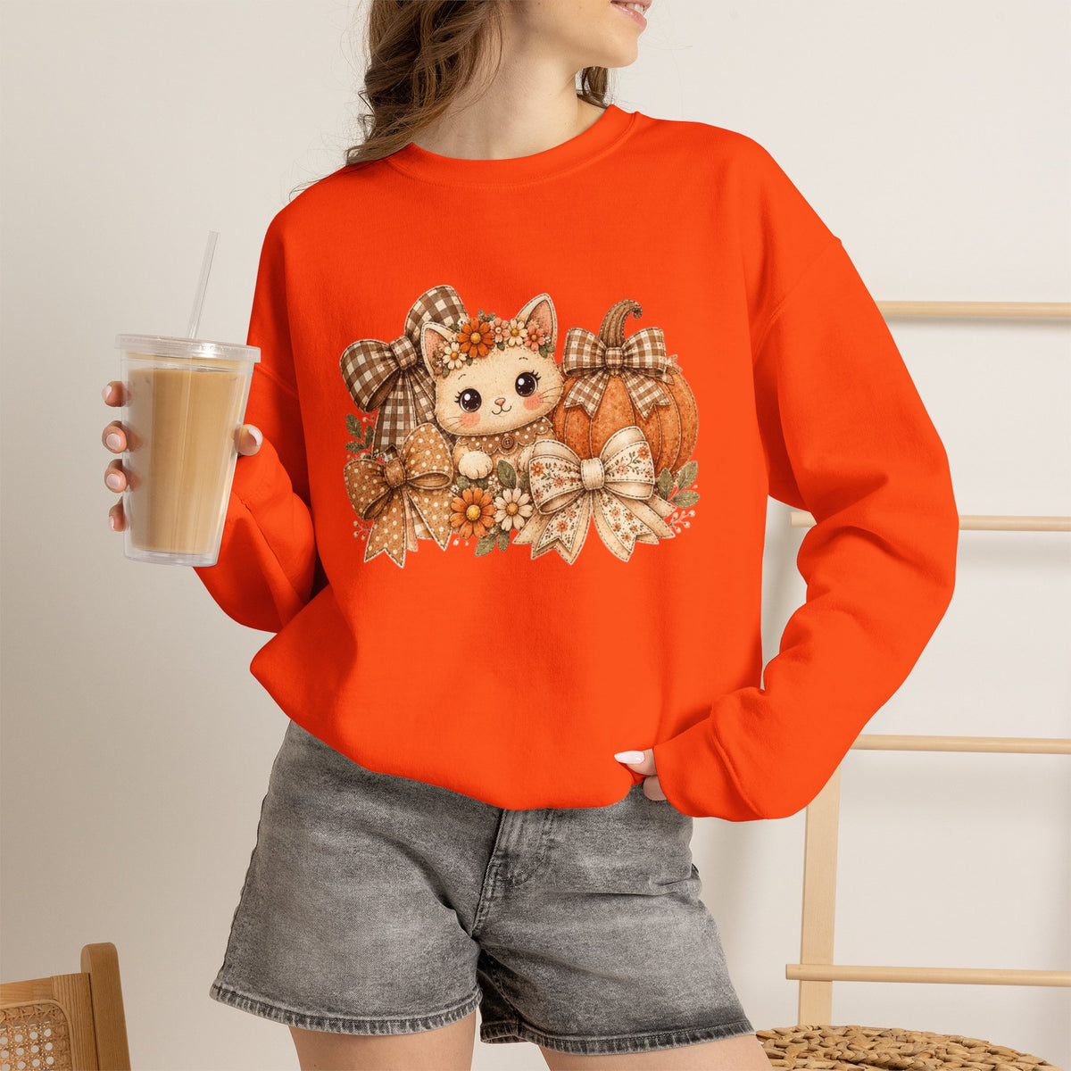 ORVIAN — Fall Kitten & Coquette Ghost Crewneck, Gingham Pumpkin Autumn Unisex Heavy Blend