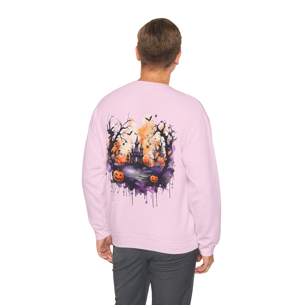 ORVIAN — Watercolor Haunted Castle Halloween Crewneck, Purple Jack-o'-Lantern Unisex Heavy Blend