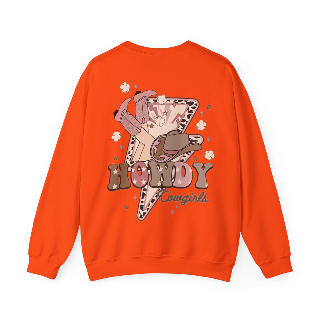 ORVIAN — Howdy Cowgirls Western Crewneck, Leopard Lightning Bolt & Cowgirl Boots Unisex Heavy Blend