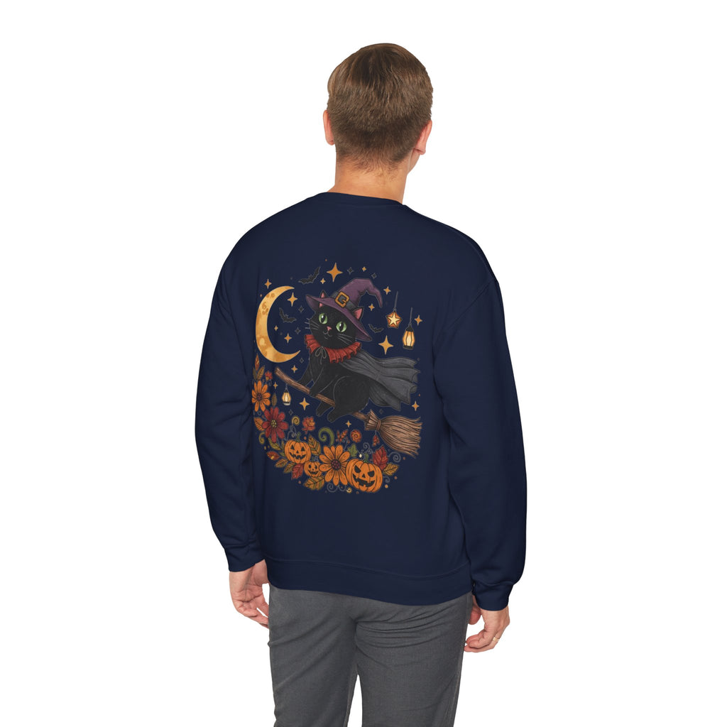 ORVIAN — Witch Cat Halloween Crewneck, Flying Black Cat & Pumpkin Patch Unisex Sweatshirt