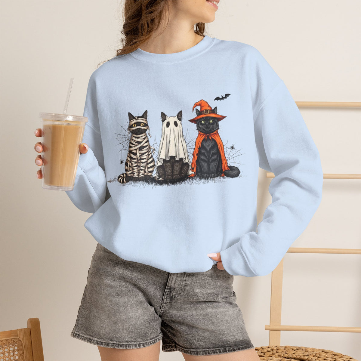 ORVIAN — Halloween Cats & Ghosts Crewneck, Spooky Cute Black Cat Unisex Sweatshirt