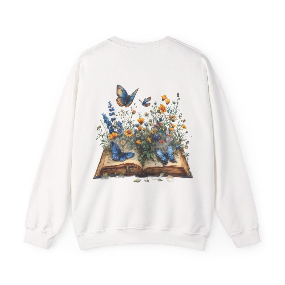 ORVIAN — Watercolor Floral Book & Butterfly Crewneck, Literary Nature Unisex Heavy Blend