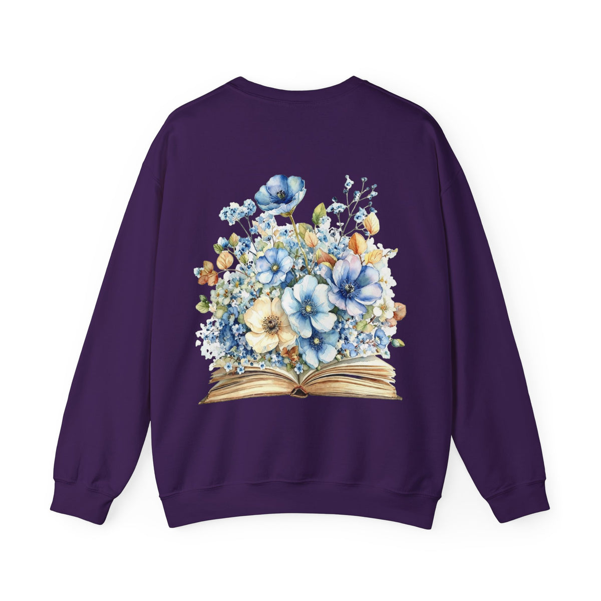 ORVIAN — Blue Watercolor Floral Book Crewneck, Open Book Wildflower Literary Unisex Heavy Blend