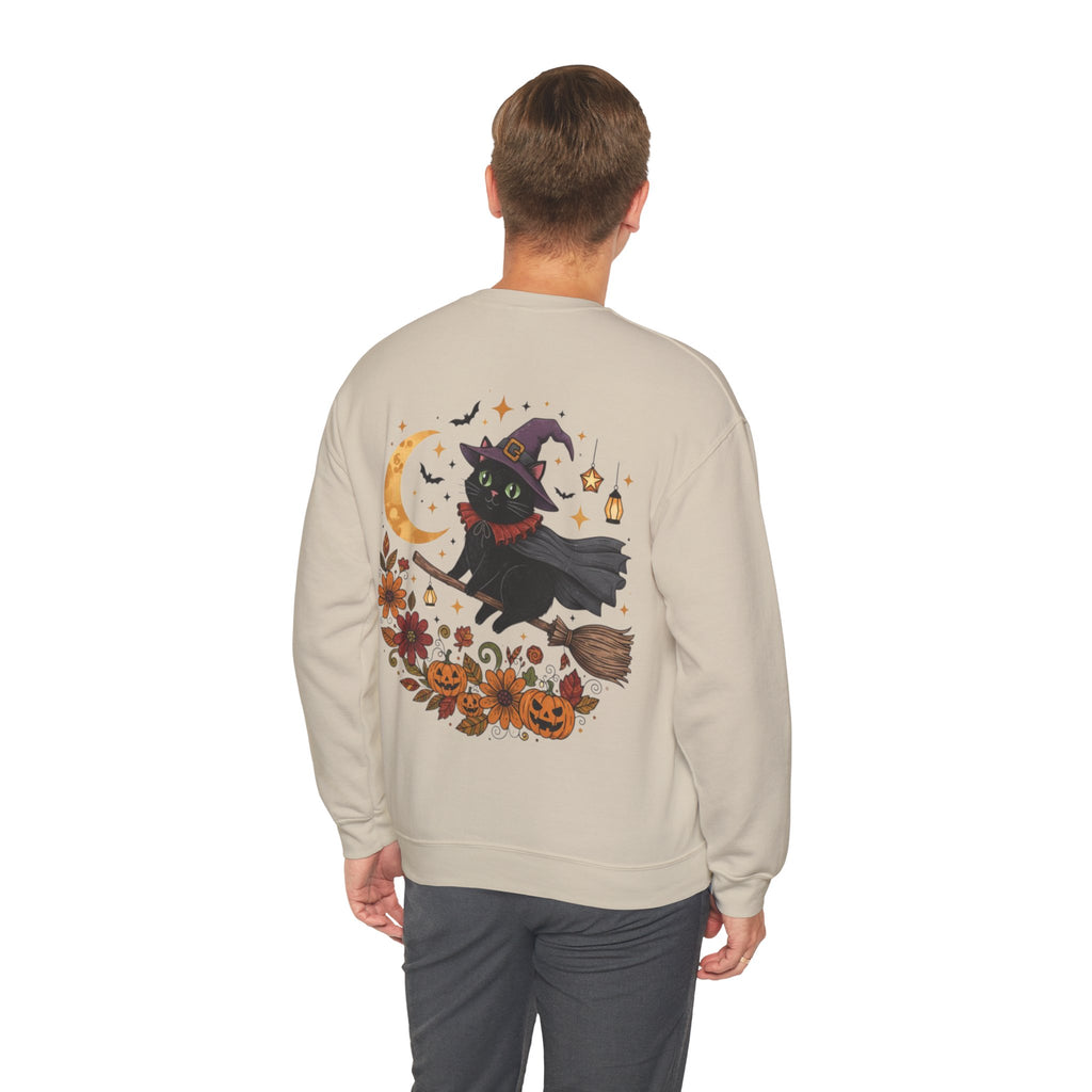 ORVIAN — Witch Cat Halloween Crewneck, Flying Black Cat & Pumpkin Patch Unisex Sweatshirt