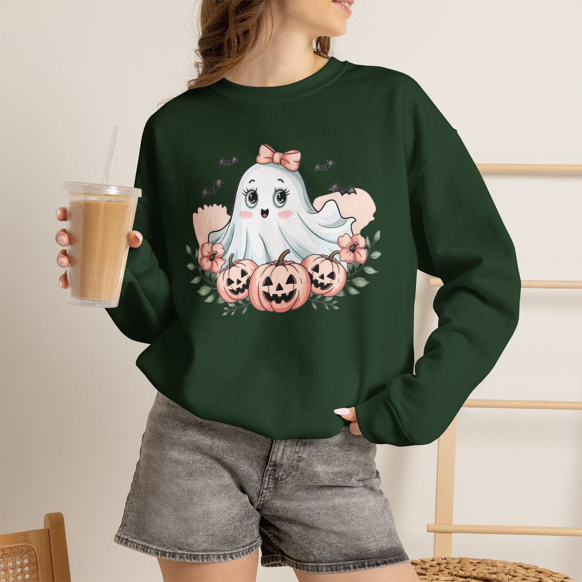 ORVIAN — Pink Halloween Coquette Ghost Crewneck, Bow & Pumpkin Unisex Heavy Blend