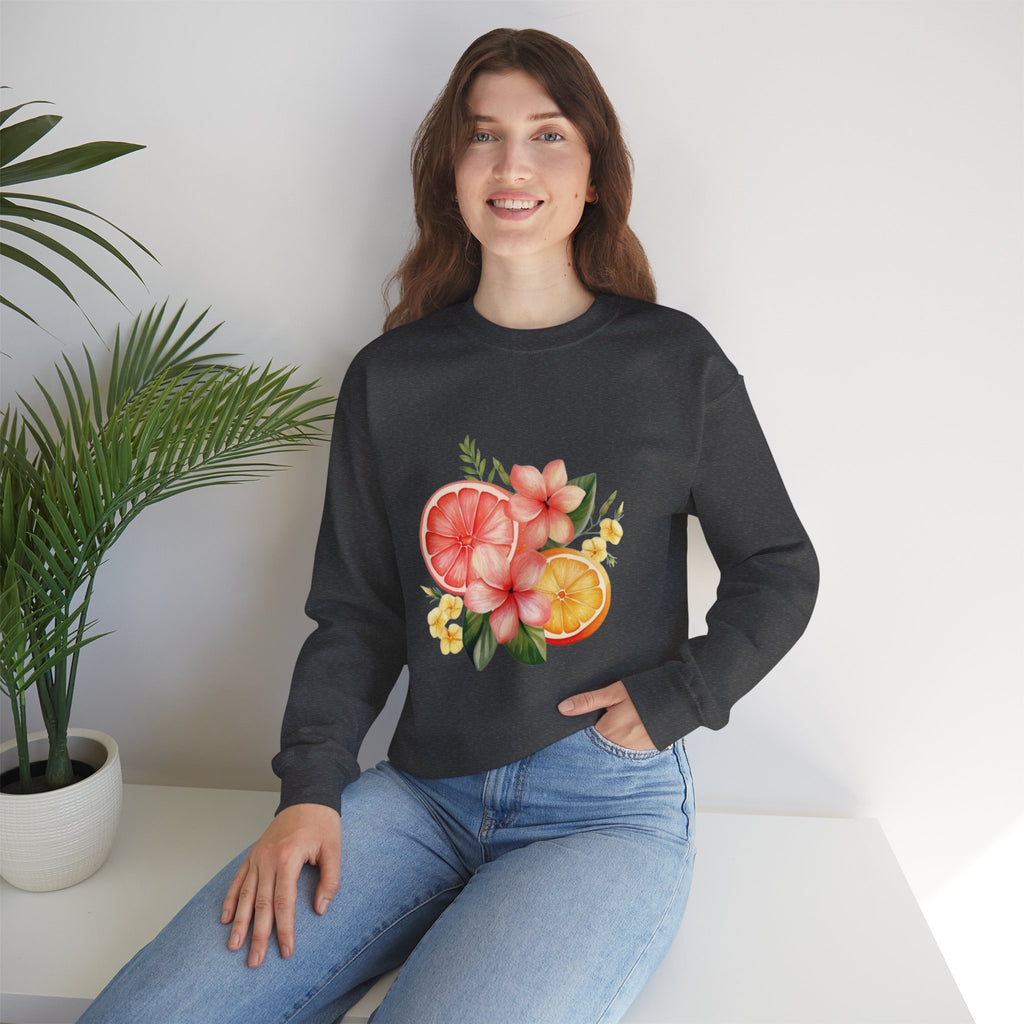 ORVIAN — Tropical Citrus & Pink Floral Crewneck, Grapefruit Orange Watercolor Unisex Heavy Blend