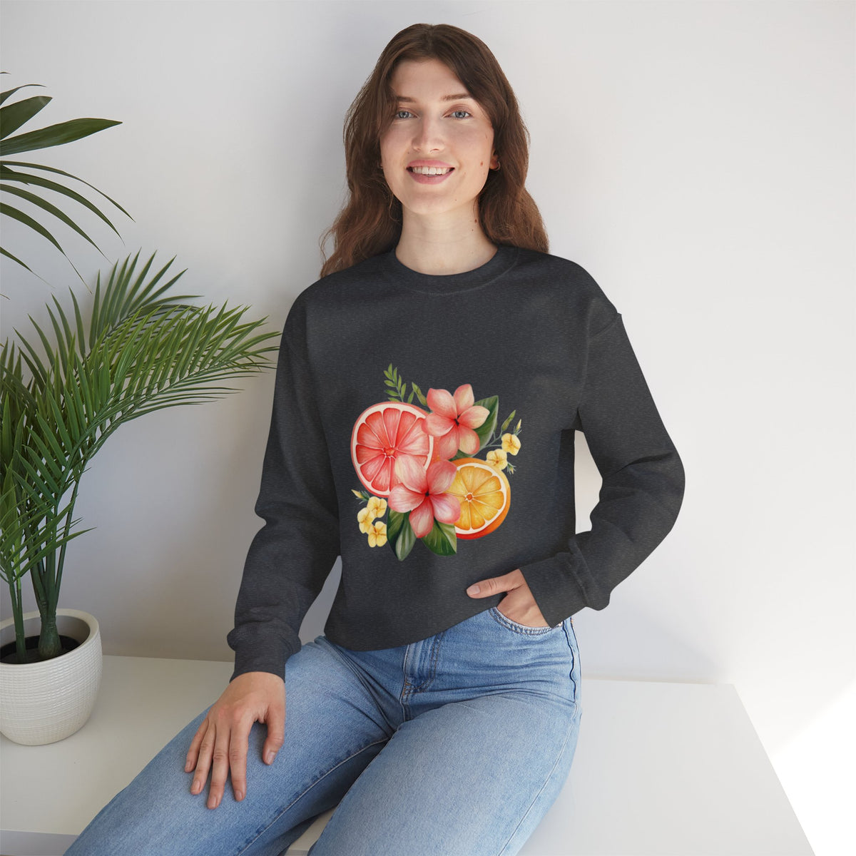 ORVIAN — Tropical Citrus & Pink Floral Crewneck, Grapefruit Orange Watercolor Unisex Heavy Blend