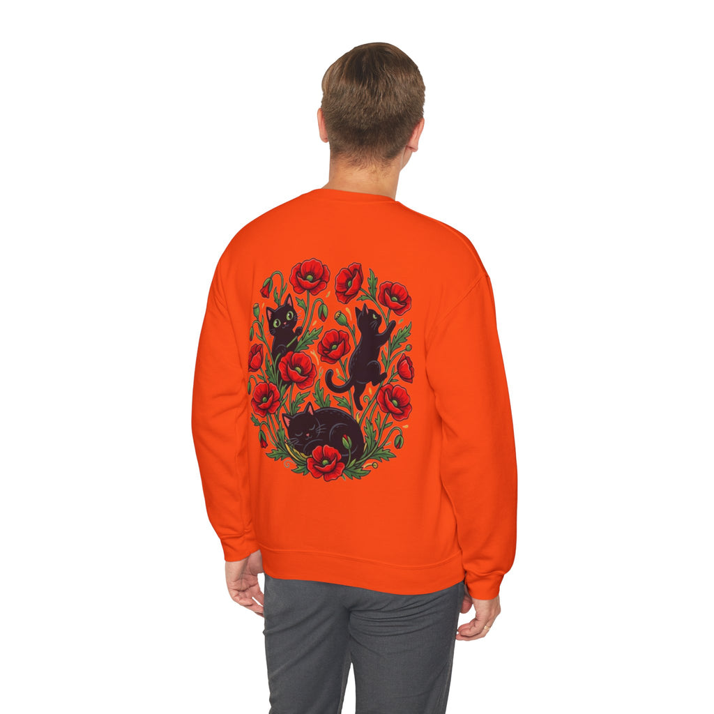 ORVIAN — Black Cat & Red Poppies Floral Crewneck, Elegant Nature Unisex Heavy Blend
