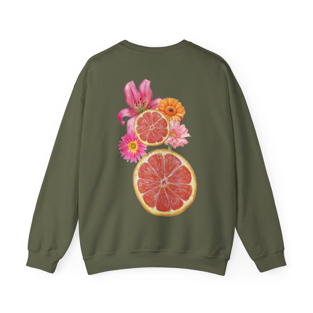 ORVIAN — Tropical Citrus & Pink Floral Crewneck, Grapefruit Orange Watercolor Unisex Heavy Blend