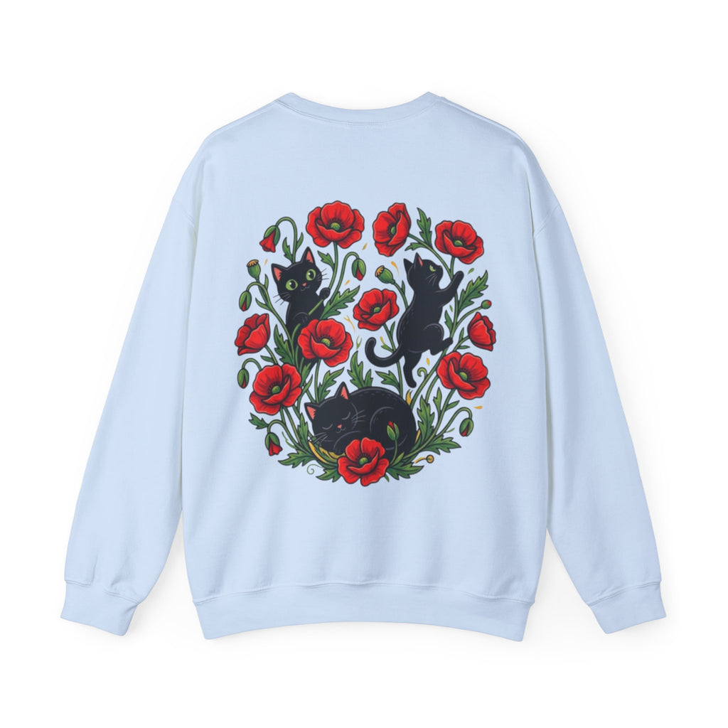 ORVIAN — Black Cat & Red Poppies Floral Crewneck, Elegant Nature Unisex Heavy Blend