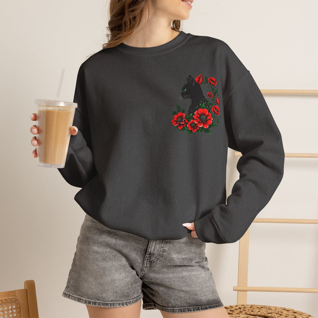 ORVIAN — Black Cat & Red Poppies Floral Crewneck, Elegant Nature Unisex Heavy Blend