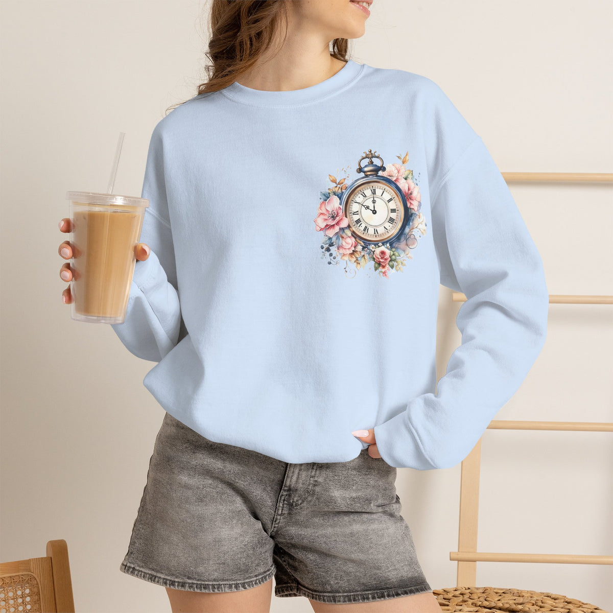 ORVIAN — Blue Watercolor Floral Book Crewneck, Open Book Wildflower Literary Unisex Heavy Blend