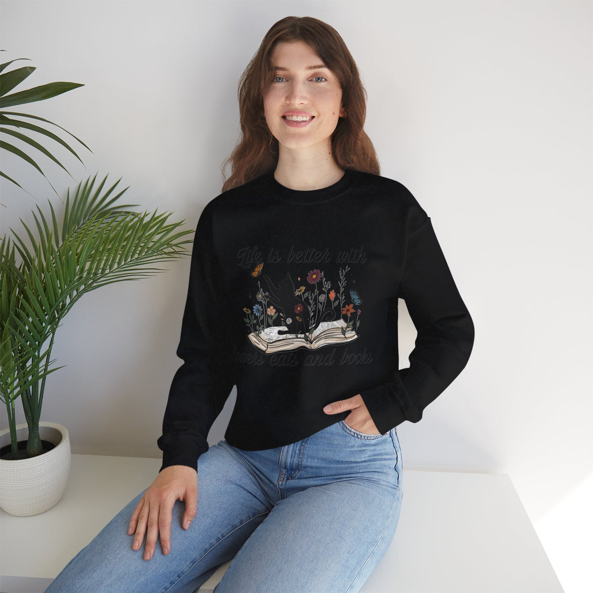ORVIAN — Life Is Better With Flowers, Cats & Books Crewneck, Black Cat Book Stack Unisex