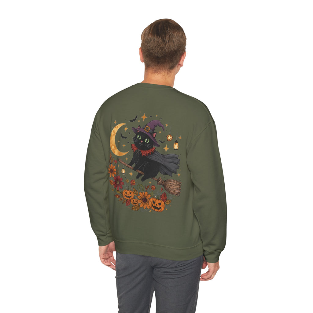 ORVIAN — Witch Cat Halloween Crewneck, Flying Black Cat & Pumpkin Patch Unisex Sweatshirt