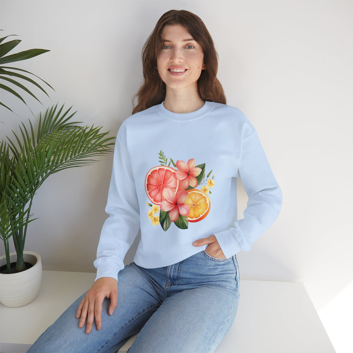 ORVIAN — Tropical Citrus & Pink Floral Crewneck, Grapefruit Orange Watercolor Unisex Heavy Blend