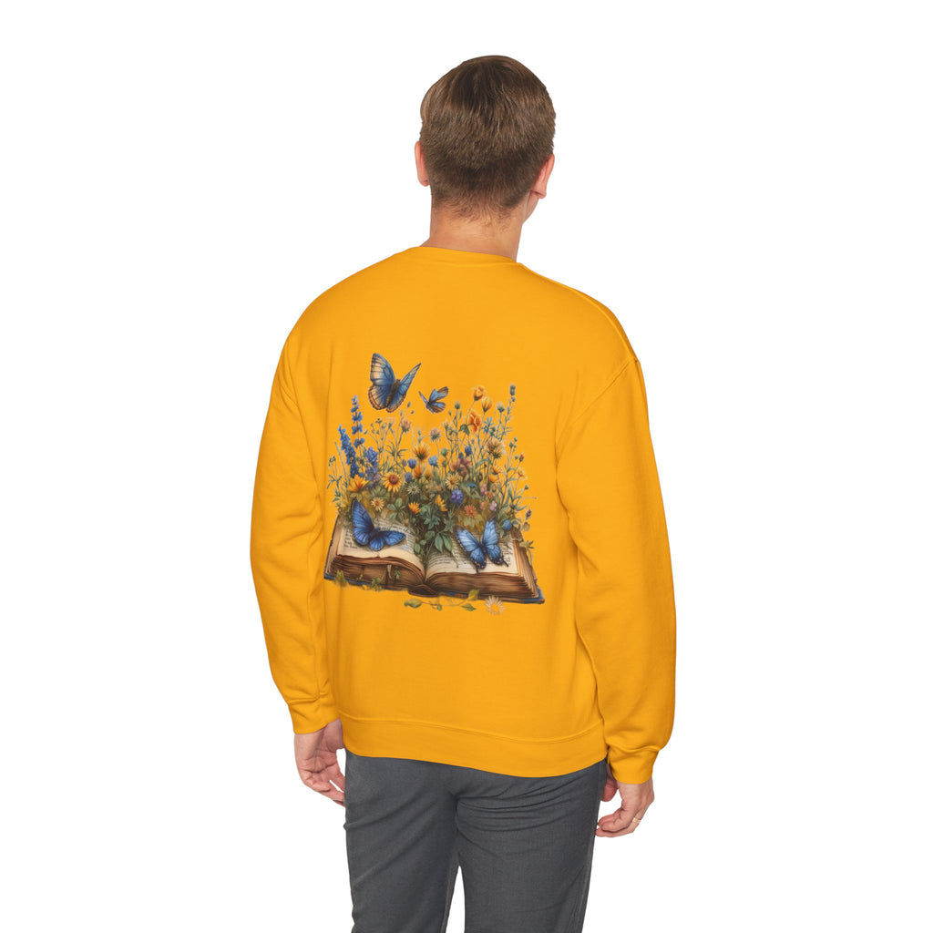 ORVIAN — Watercolor Floral Book & Butterfly Crewneck, Literary Nature Unisex Heavy Blend
