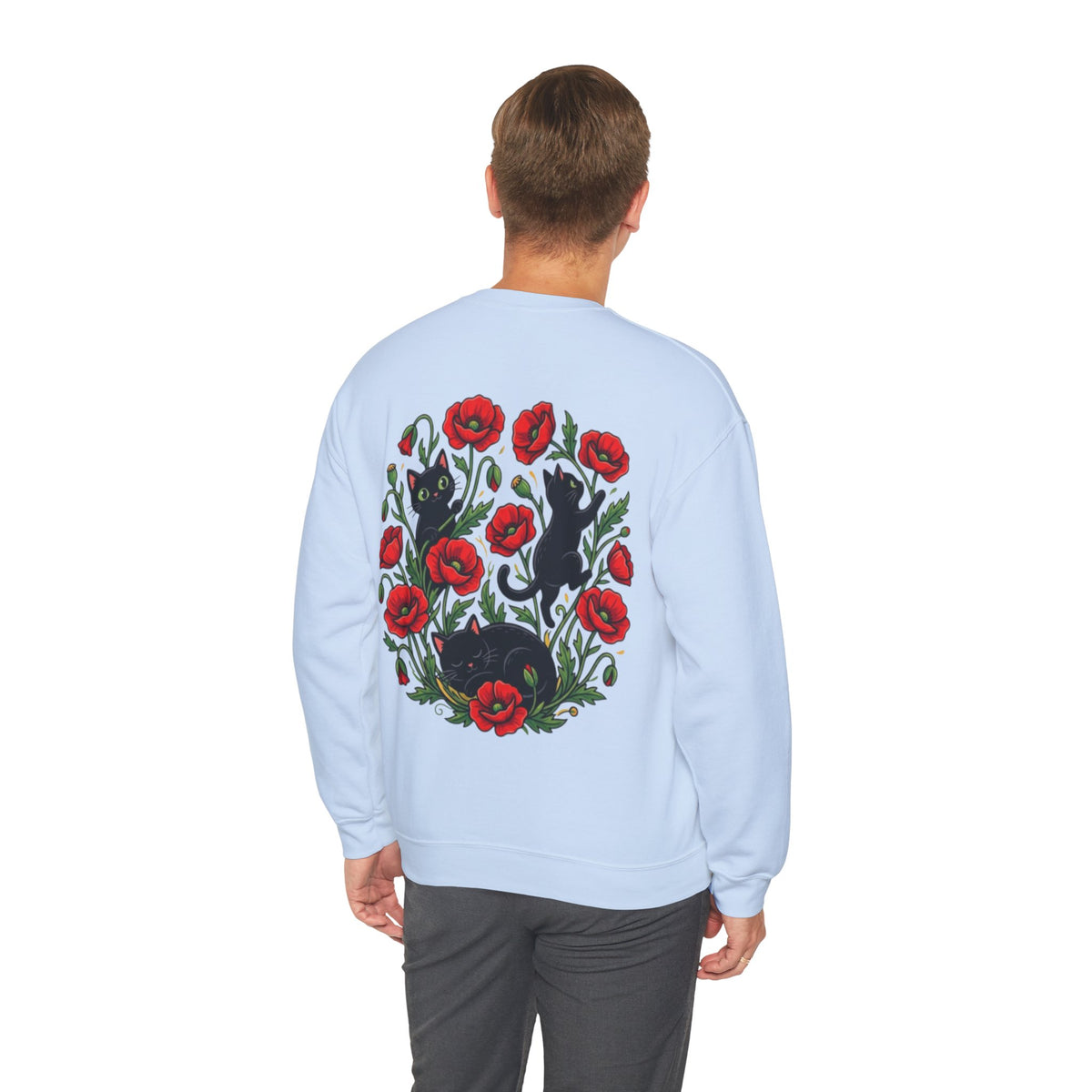 ORVIAN — Black Cat & Red Poppies Floral Crewneck, Elegant Nature Unisex Heavy Blend