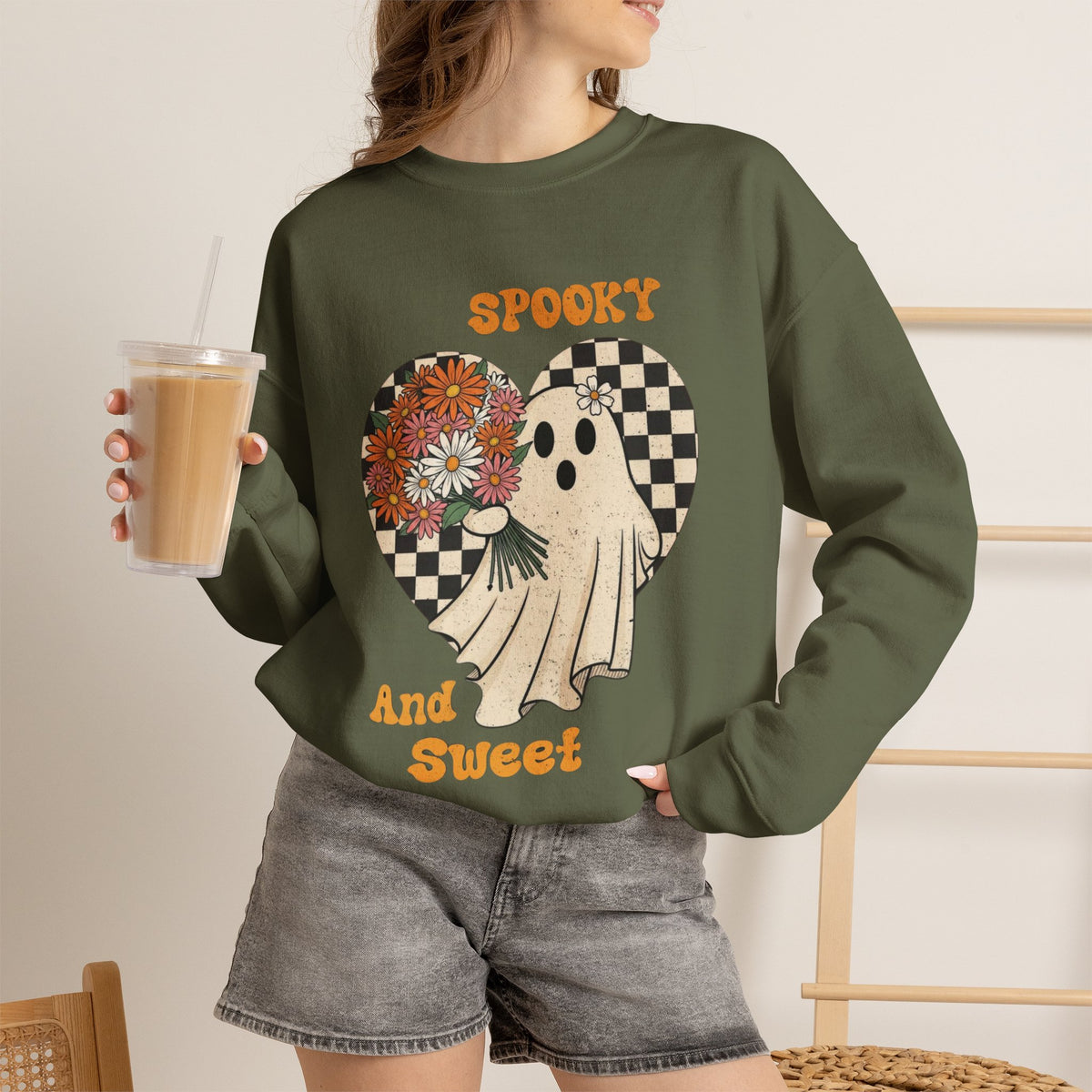 ORVIAN — Spooky & Sweet Ghost Crewneck, Coquette Bow Heart Halloween Unisex Sweatshirt
