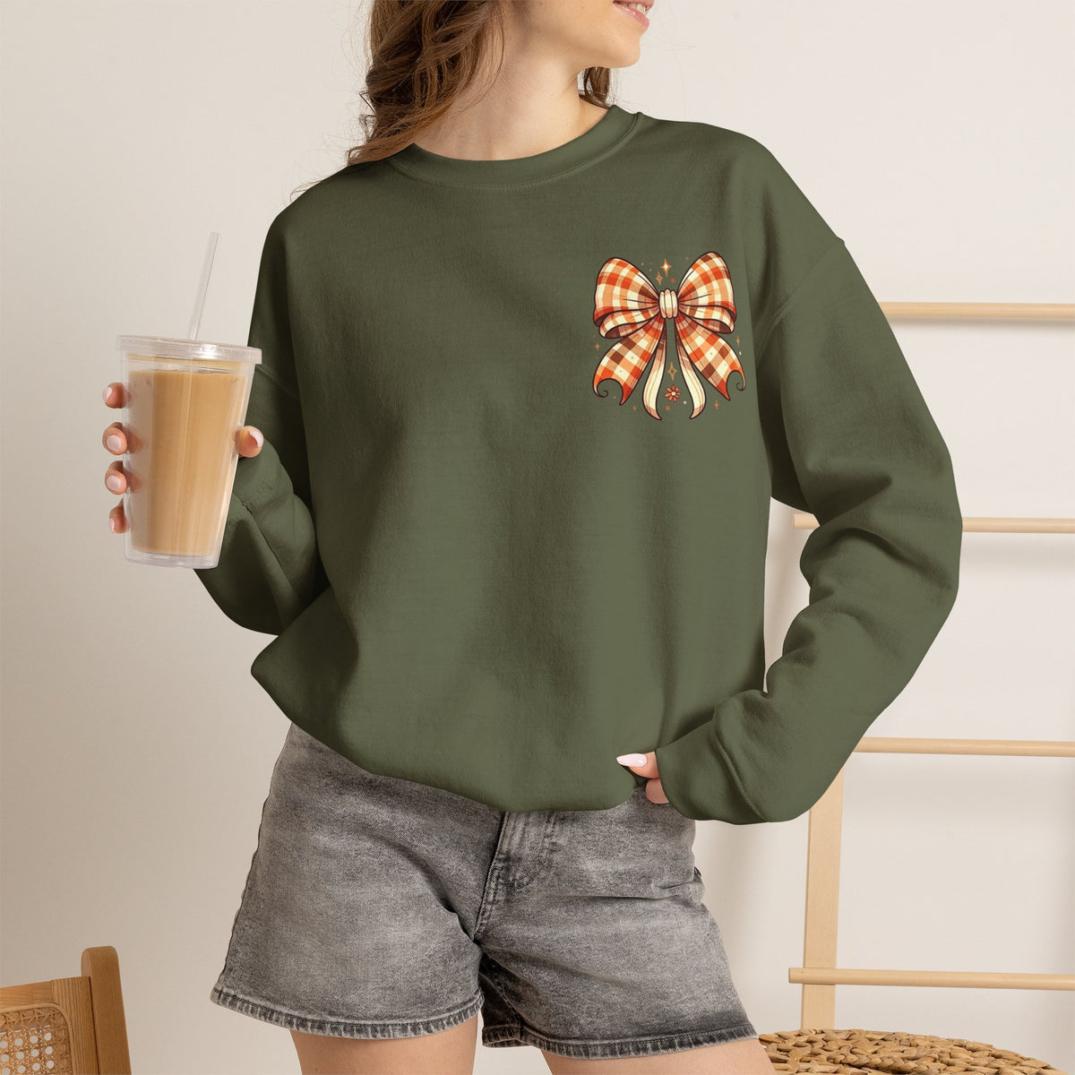 ORVIAN — Ghostly Coffee Break Coquette Bow Crewneck, Cozy Pumpkin Spice Halloween Unisex