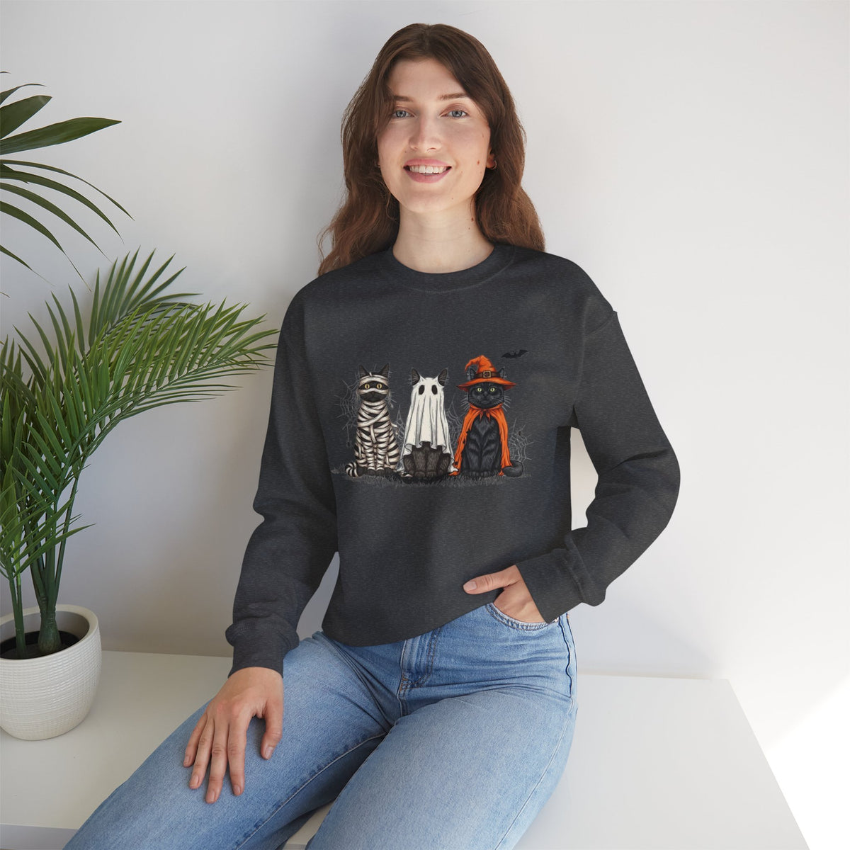 ORVIAN — Halloween Cats & Ghosts Crewneck, Spooky Cute Black Cat Unisex Sweatshirt