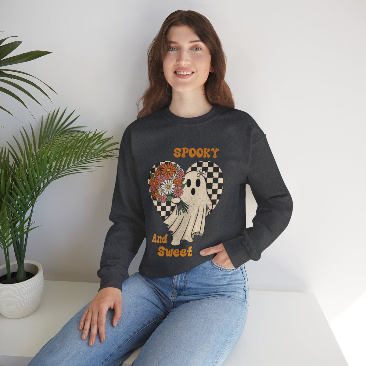 ORVIAN — Spooky & Sweet Ghost Crewneck, Coquette Bow Heart Halloween Unisex Sweatshirt