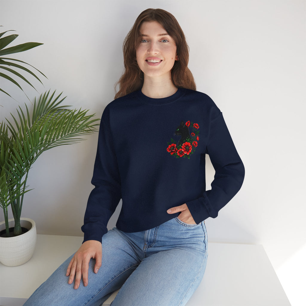 ORVIAN — Black Cat & Red Poppies Floral Crewneck, Elegant Nature Unisex Heavy Blend