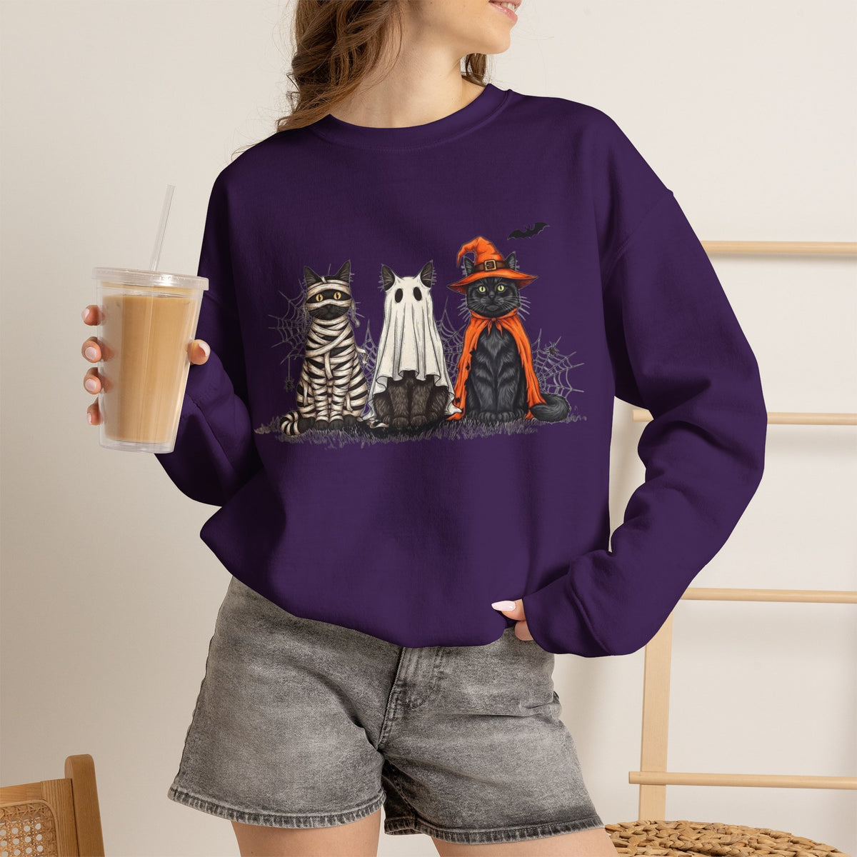 ORVIAN — Halloween Cats & Ghosts Crewneck, Spooky Cute Black Cat Unisex Sweatshirt